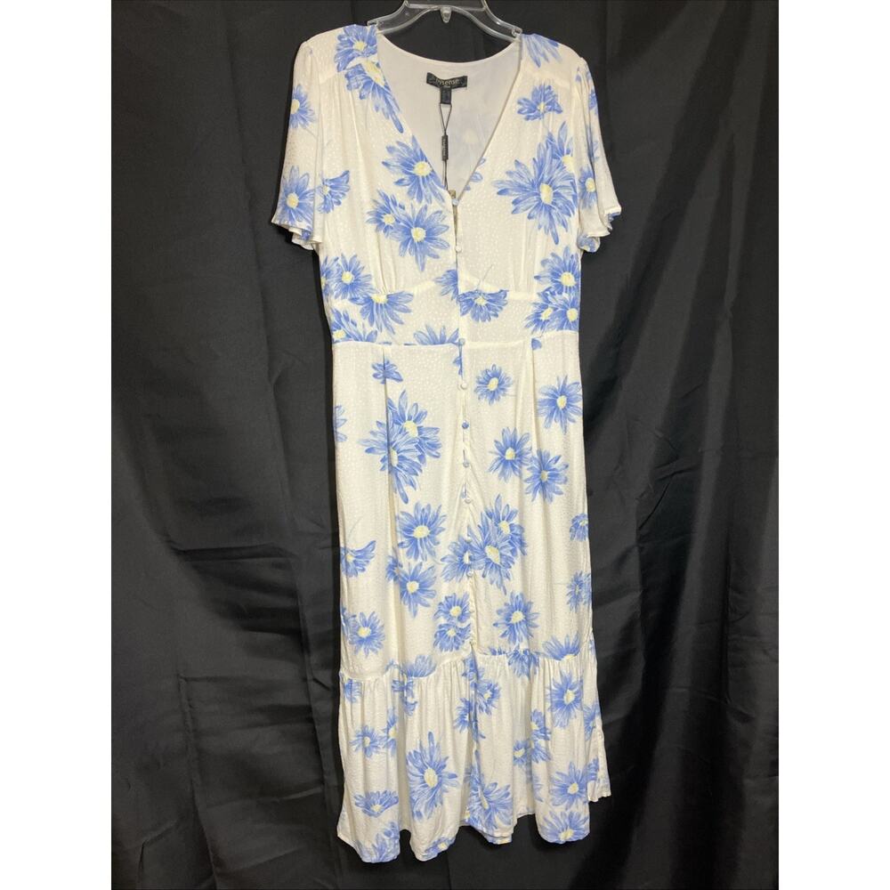 Nysense Women’s Button Cream W/ Blue Daisy Midi Dress Size 8 NWT